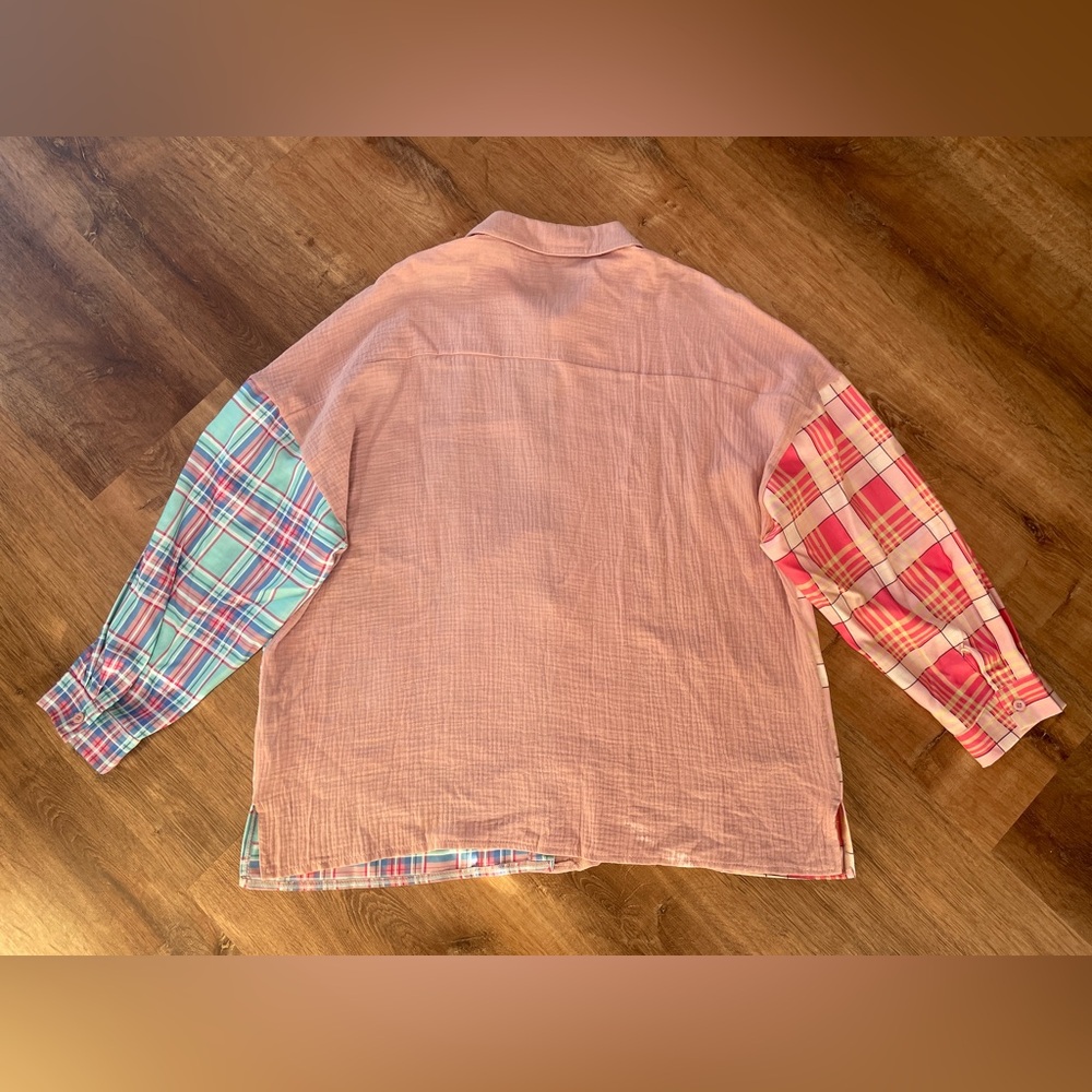 Plaid Patchwork Button Down Blouse Size Medium Pi… - image 2